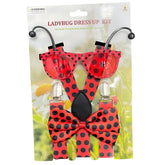 Ladybug dress-up kit with red and black polka-dotted fabric including sunglasses suspenders and a bow tie