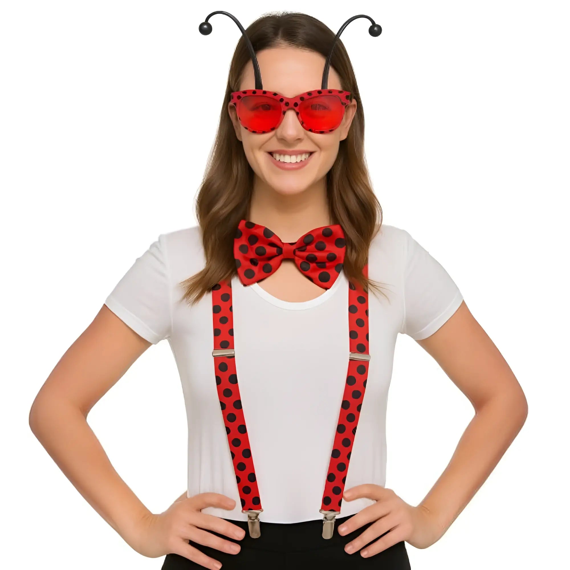 Red polka-dot bow tie with black spots from ladybug dress-up kit for costume and dress-up play