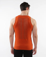 Orange laser cut stretch jersey tank with geometric perforation pattern on the back for athletic wear