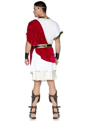 Leg avenue roman emperor caesar costume xl featuring red velvet toga over white tunic with gold trim, leather sandals, and arm guards