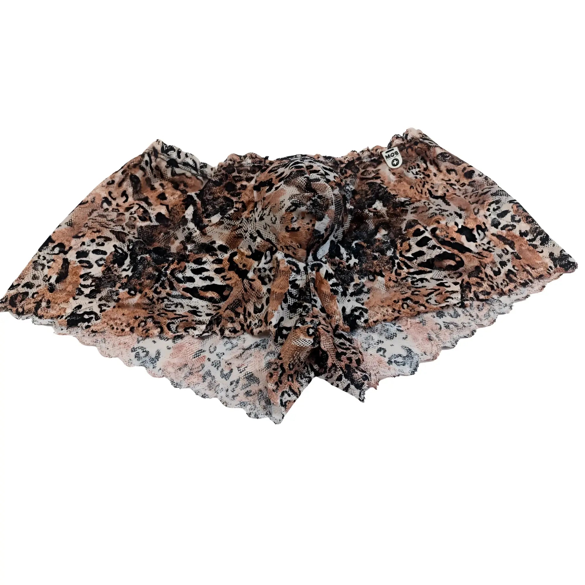 A sheer leopard print scarf with scalloped edge and delicate lace trim paired with leopard mob eroticwear mini boy shorts