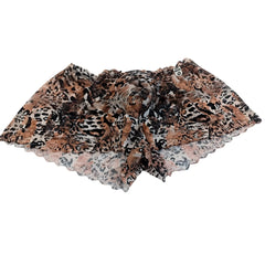 A sheer leopard print scarf with scalloped edge and delicate lace trim paired with leopard mob eroticwear mini boy shorts