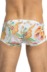 White swim trunks l’homme invisible pattaya hipster square cut with vibrant orange pink and green floral pattern size l