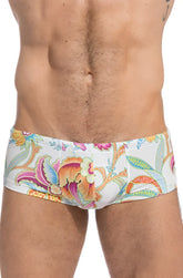 White swim trunks lhomme invisible pattaya hipster square cut with vibrant pink orange blue green floral pattern size l