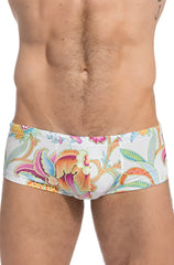 White swim trunks lhomme invisible pattaya hipster square cut with vibrant pink orange blue green floral pattern size l