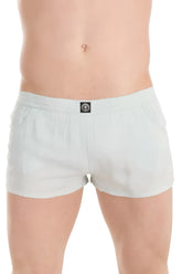 Light blue cotton lhomme invisible sensations lounge boxer shorts with black logo patch on waistband size m
