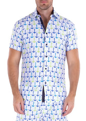 A men’s short-sleeved button-up shirt with blue and lime green anchors on white titled Life’s Better on a Boat S S Shirt