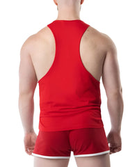 Red lift club skank tank top with white trim along hem and armholes perfect for athletic workouts