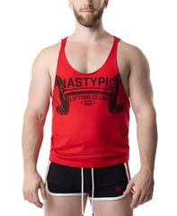 Red cotton tank top with black barbell graphic and nastypic lifting club text on chest for gym wear