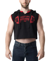 Black sleeveless hoodie crop top with red trim and barbell graphic across the chest from Lift Club Sleeveless Hoodie