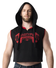 Black sleeveless hoodie with red trim and bold lifting club graphic on chest for workout and casual wear