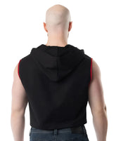 Black sleeveless hoodie with red trim along the armholes from Lift Club perfect for workouts and casual wear