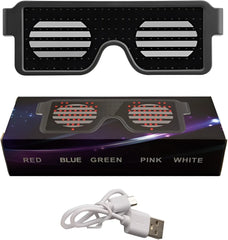 Black light up glasses with silver striped lenses and sleek plastic frame including usb charging cable