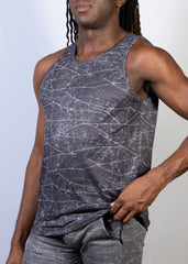 Gray lightning print tank top featuring a white crackle pattern perfect for casual wear
