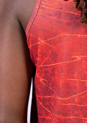 Red ribbed lightning print tank top with marbled crackled pattern in orange and dark red for casual wear