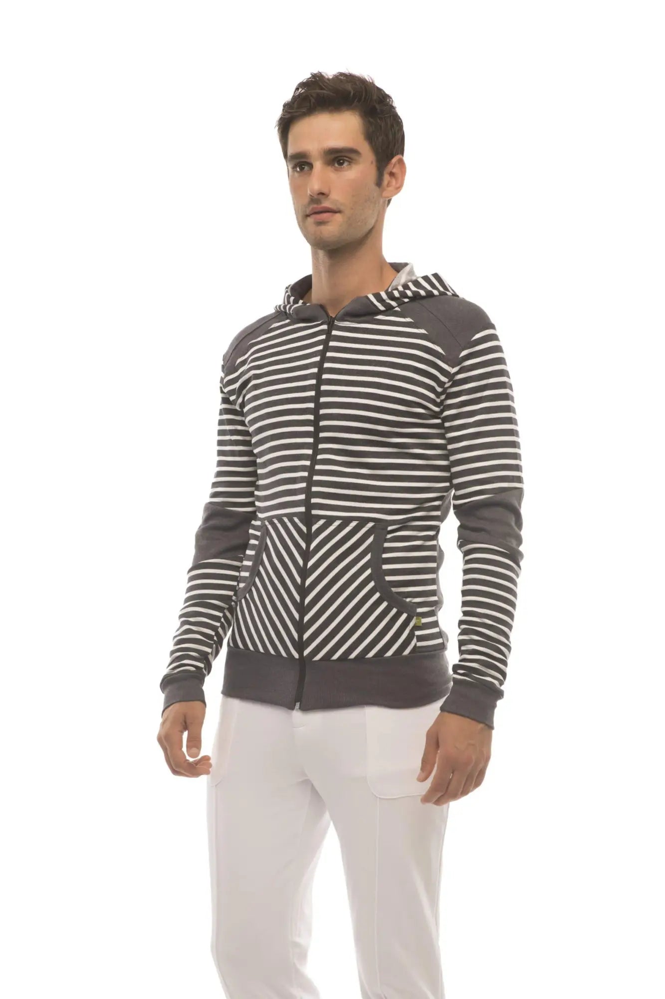 Limited edition men’s charcoal form-fit crossover yoga track hoodie with black and white stripes and gray fleece panels
