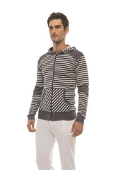 Limited edition men’s charcoal form-fit crossover yoga track hoodie with black and white stripes and gray fleece panels