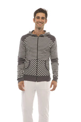 Limited edition form-fit crossover yoga track hoodie charcoal with black and white stripes and dark gray fleece panels