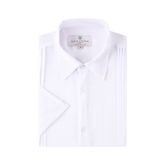 A crisp white linen air short-sleeved dress shirt with slim fit and subtle front pleats for a classic look