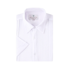 A crisp white linen air short-sleeved dress shirt with slim fit and subtle front pleats for a classic look