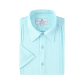 A light blue linen air short-sleeved slim fit shirt with pleated detailing along the sides