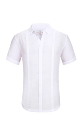 White linen air short sleeved men’s formal shirt with crisp collar and vertical pleats down the front