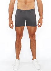Dark gray linen-look textured chino shorts with classic fit belt loops and zip pockets front view