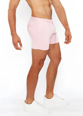 Pink linen-look textured tailored shorts with modern cut and subtle zip side pockets