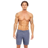 Blue linen slim fit shorts with textured fabric and classic five-pocket design for casual wear