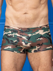 Little boy blue design billy square cut suit swim trunks in green camo camouflage pattern for boys