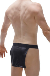 Black patent leather loincloth ball-lifter fringes briefs with a sleek glossy finish and high-waisted design