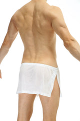 White mesh loincloth bee briefs with a side slit and elastic waistband featuring a jockstrap design