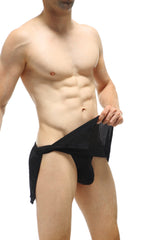 Black mesh briefs with solid fabric panel and tie-side design from petitq loincloth bee black w jockstrap collection