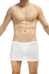 White mesh loincloth bee briefs with jockstrap featuring a subtle red logo on the waistband