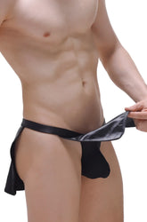 Loincloth wet black satin-like fabric briefs with g-string and sleek form-fitting design shown from the back side