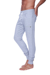 Long cuffed jogger and yoga sweat pants in light gray heathered fabric with white drawstring and side pockets