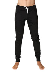 Black long cuffed jogger and yoga sweat pants with white drawstring waistband and elastic cuffs for comfort