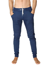 Navy blue long cuffed jogger and yoga sweat pants with white drawstring cord and side pockets for comfort and style