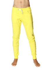 Long cuffed jogger and yoga sweat pants in bright yellow with white drawstring and elastic cuffs for active wear