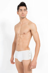 White lookme agent double 1 mini pants boxer briefs with vertical ribbed texture and side button detailing size m