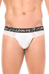 Lookme lace thong underwear white with lace trim and black elastic waistband featuring brand name and circular patterns