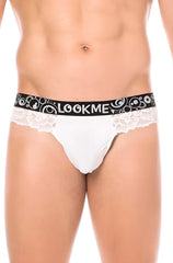 Lookme lace thong underwear white with lace trim and black elastic waistband featuring brand name and circular patterns