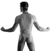 Black-and-white image of a man wearing a form-fitting yellow Lookme Malibu 2 sheer thong back bodysuit size L from front view