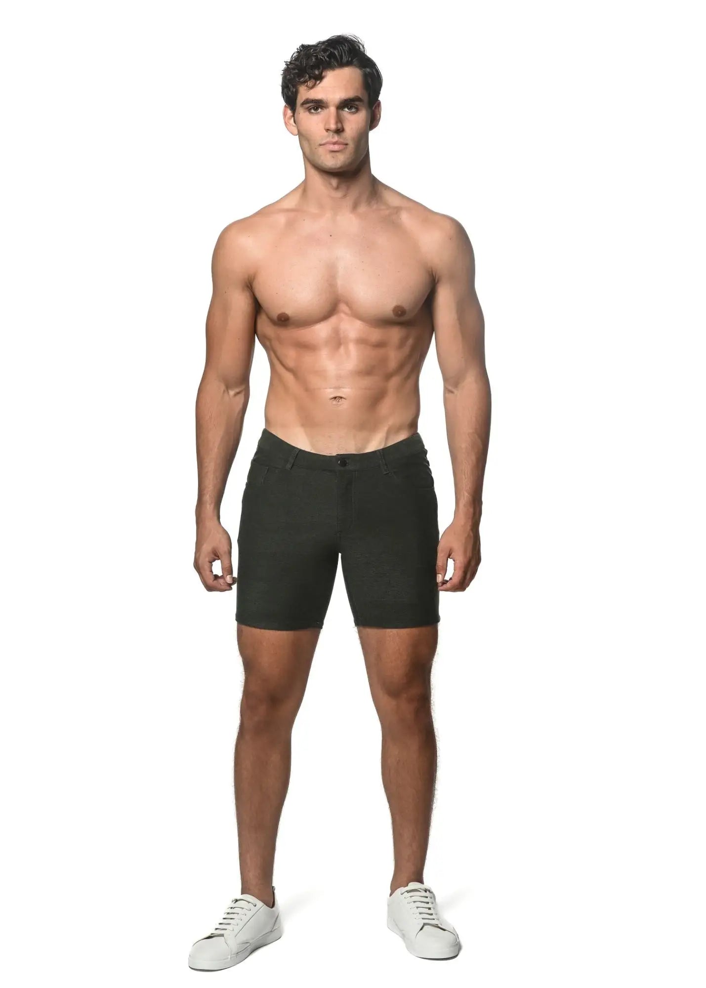 Dark green loopback stretch knit slim-fit shorts for men with classic five-pocket design and belt loops