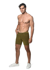 Olive green loopback stretch knit denim shorts with textured fabric ideal for casual wear