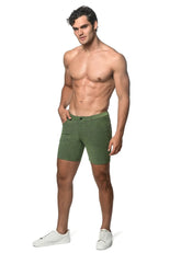 Olive green loopback stretch knit shorts featuring textured fabric for comfortable activewear use