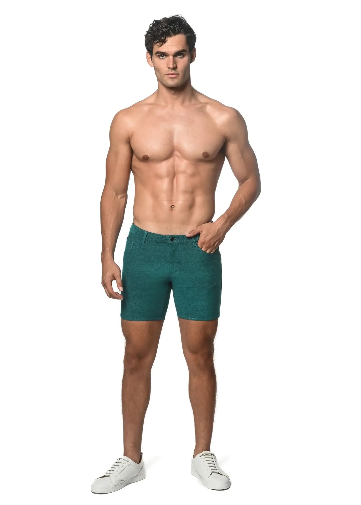 Teal slim-fit loopback stretch knit shorts with classic five-pocket design and button closure front view