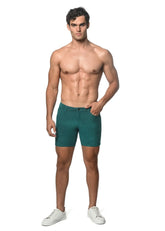 Teal slim-fit loopback stretch knit shorts with classic five-pocket design and button closure front view