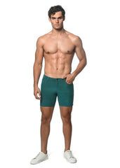 Teal slim-fit loopback stretch knit shorts with classic five-pocket design and button closure front view