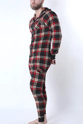 Red black and beige plaid hooded one-piece lumber jacked union suit with front button closure for cozy wear